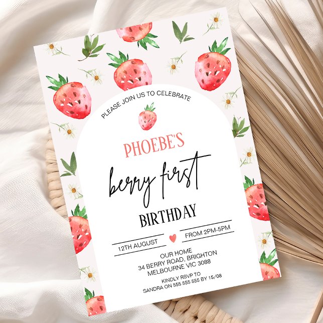 Invitation Berry à fraise rose rouge Premier anniversaire (Modern Berry First Birthday Invitation, Strawberry Strawberries Red Pink Arch Daisy 1st Birthday)