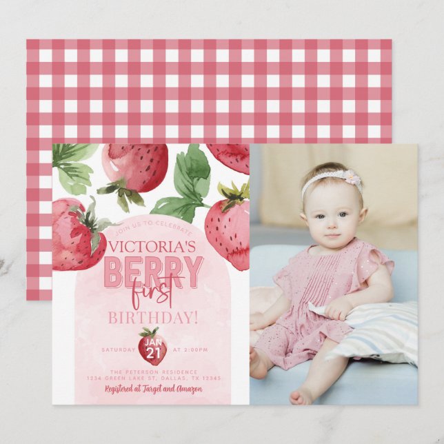Invitation Berry aux fraises roses 1er anniversaire (Devant / Derrière)