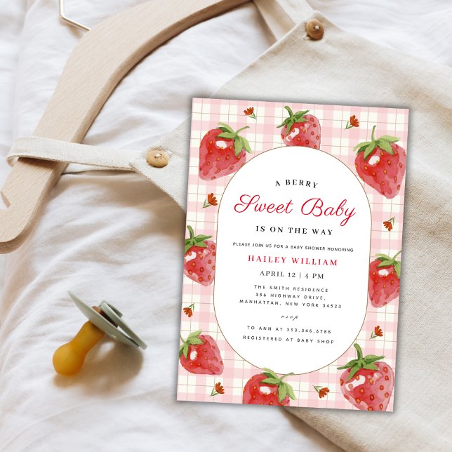 Invitation Berry aux fraises roses En vichy Baby shower sucré (Pink Strawberry Berry Sweet Gingham Baby Shower Invitation)