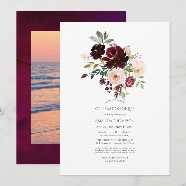 Invitation Berry Bourgogne et Blush Floral Célébration de la  (Devant / Derrière)