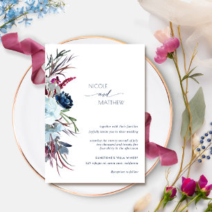 Invitation Berry Bourgogne moderne et Mariage floral bleu