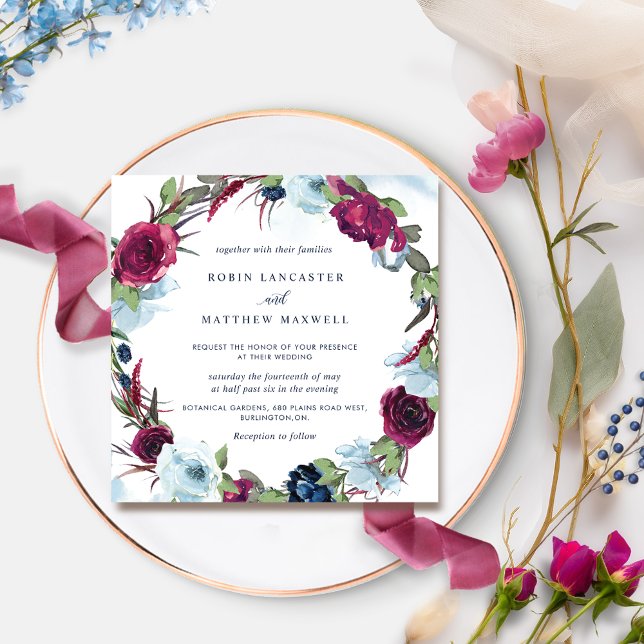 Invitation Berry Burgundy et Blue Floral Mariage Wreath (Créateur téléchargé)