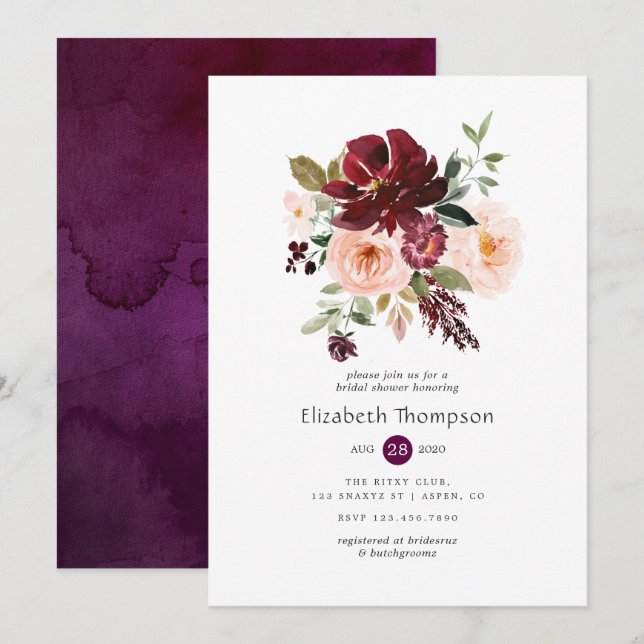 Invitation Berry de Bourgogne et Fête des mariées florale (Devant / Derrière)