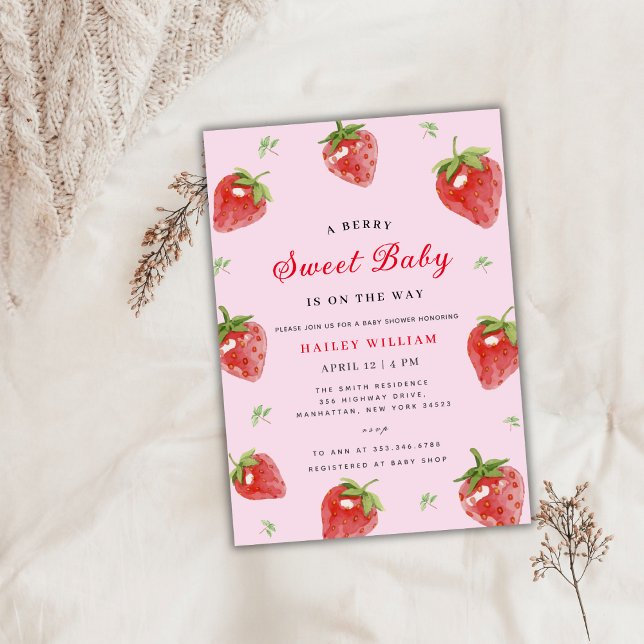 Invitation Berry de fraise rose doux Baby shower fille (Pink Strawberry Berry Sweet Girl Baby Shower Invitation)