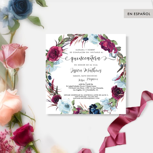 Invitation Berry espagnol, Corbeille rouge bordeaux Quinceañe (Créateur téléchargé)