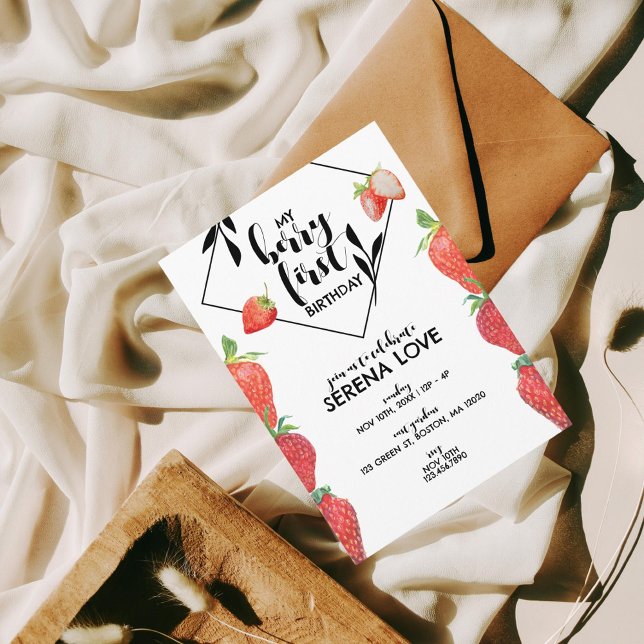 Invitation Berry First | 1er anniversaire | fraise | Blanc (Créateur téléchargé)