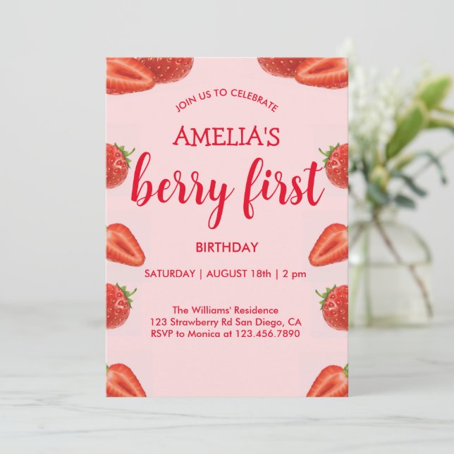 Invitation Berry First | Anniversaire fraise 1 an rose (Debout devant)