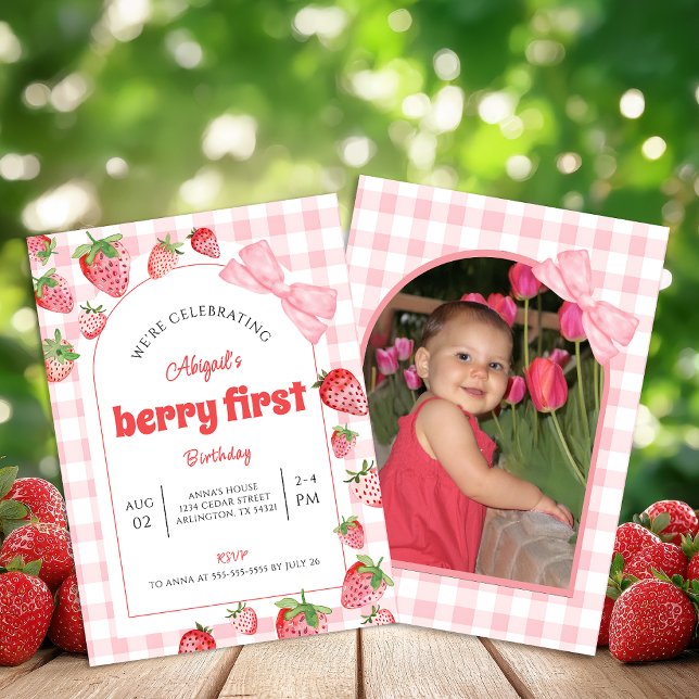 Invitation Berry First Birthday Pink Bow Gingham Photo (Créateur téléchargé)
