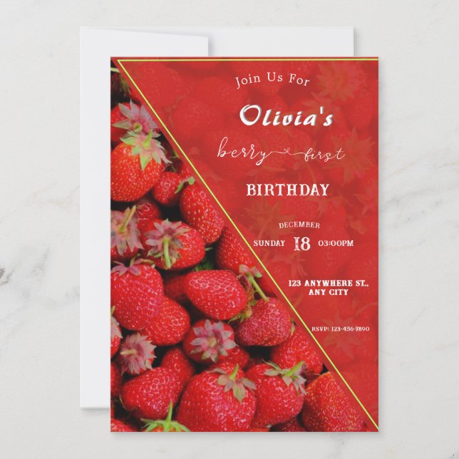 Invitation Berry First Birthday | Thème fraise (Devant)