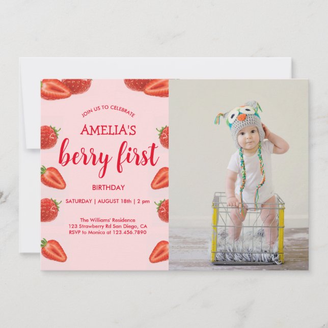Invitation Berry First | Fraise 1er Anniversaire photo rose (Devant)