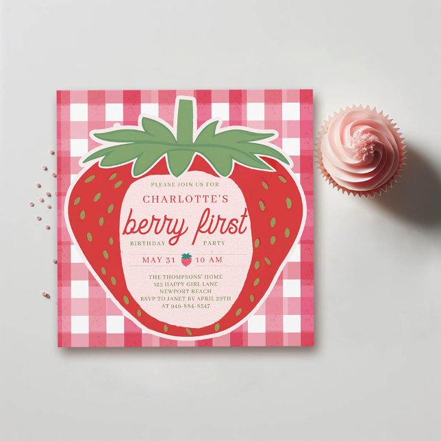 Invitation Berry First Giant Strawberry Sweet 1er anniversair (berry first birthday party 1st girl strawberry red pink watercolor gingham spring summer cute)