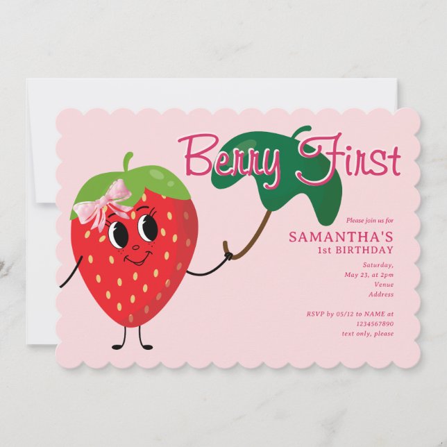Invitation Berry First Girl Cartoon fraise 1er anniversaire (Devant)