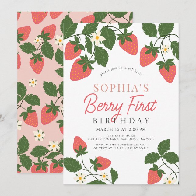 Invitation Berry First Pink Fraise Floral 1er Anniversaire (Devant / Derrière)