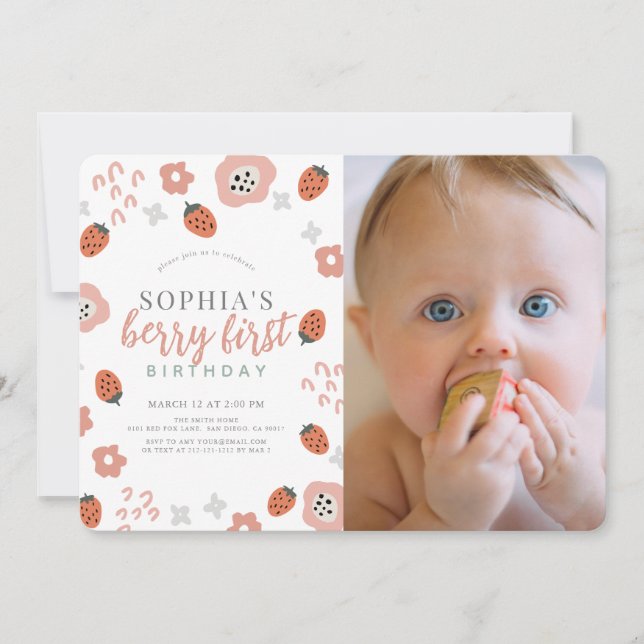 Invitation Berry First Pink Strawberry 1er Anniversaire Photo (Devant)