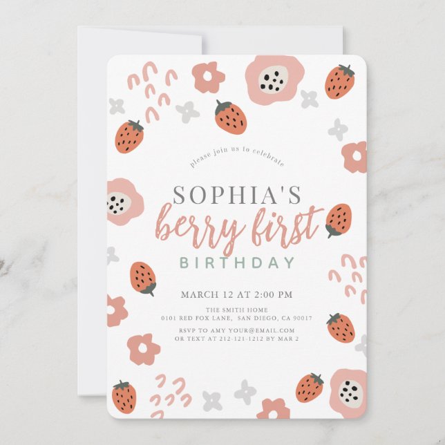 Invitation Berry First Pink Strawberry Girl 1er anniversaire (Devant)