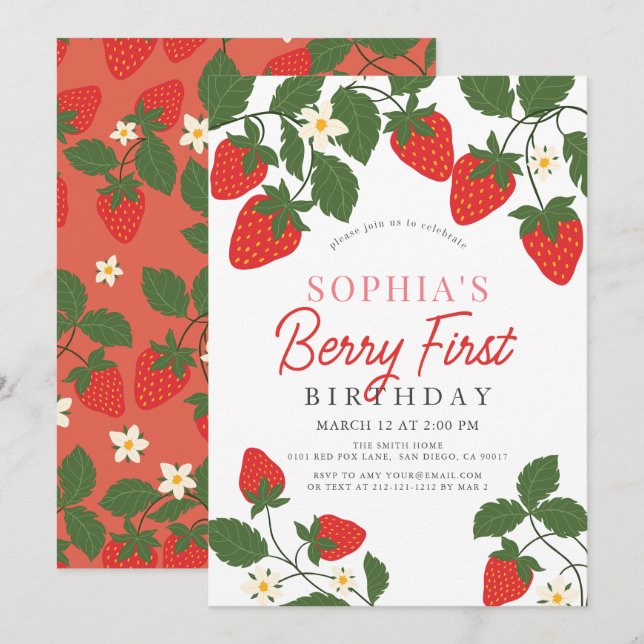 Invitation Berry First Red Strawberry Floral 1er anniversaire (Devant / Derrière)