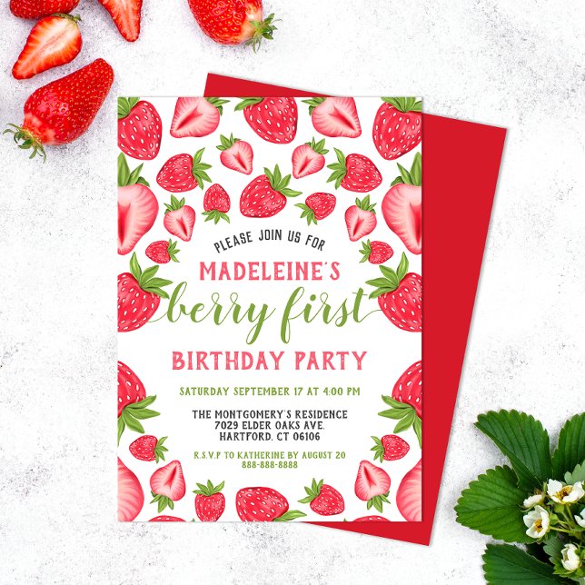 Invitation Berry First Strawberry Cute Custom 1er Anniversair (Créateur téléchargé)