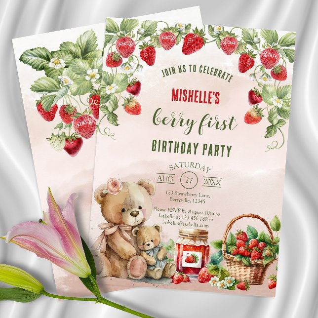 Invitation Berry First Strawberry et Bear Anniversaire (Créateur téléchargé)