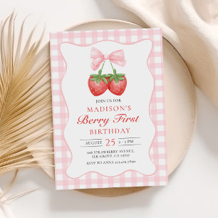 Invitation Berry First Strawberry Pink Bow 1er anniversaire