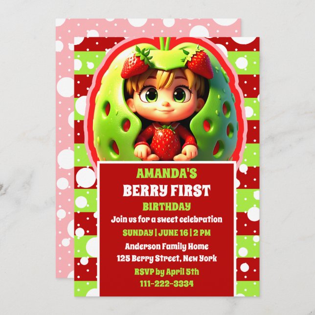 Invitation Berry fraise 3D Premier anniversaire (Devant / Derrière)