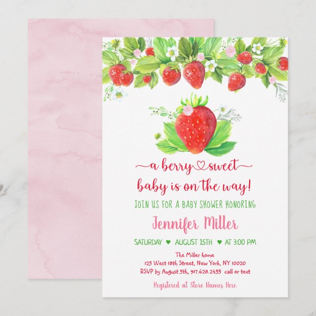 Invitation Berry fraise Baby shower Floral sucré (Devant / Derrière)
