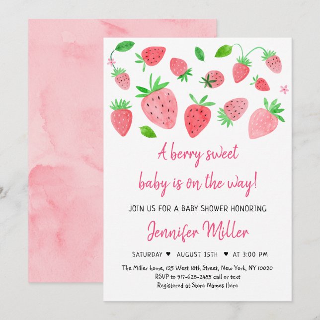 Invitation Berry fraise Baby shower sucré (Devant / Derrière)