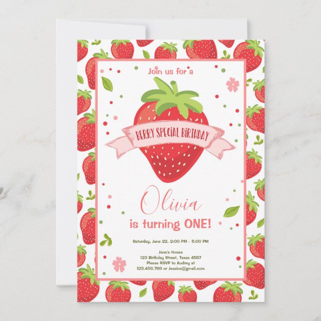 Invitation Berry fraise Douce rose rouge Premier anniversaire (Devant)