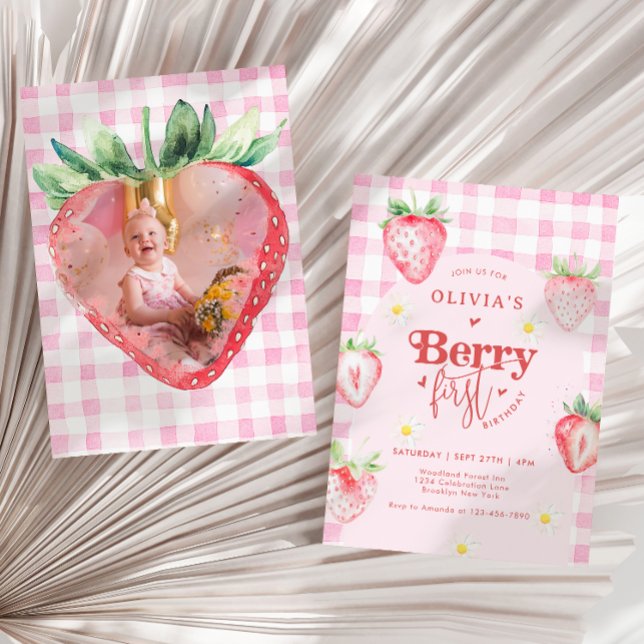 Invitation Berry Fraise mignonne Première photo Anniversaire (Créateur téléchargé)