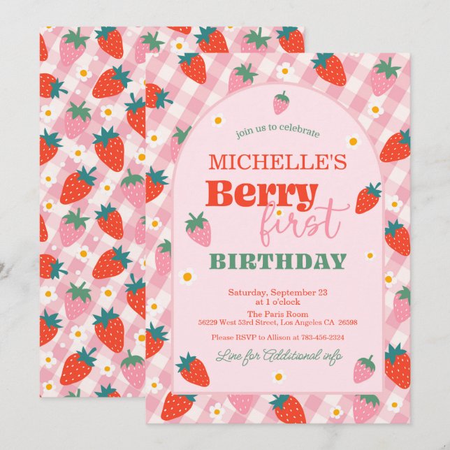 Invitation Berry fraise Premier 1er anniversaire En vichy (Devant / Derrière)