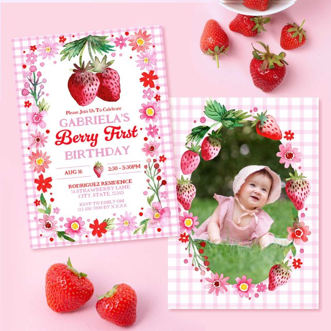 Invitation Berry fraise Premier anniversaire aquarelle photo (Strawberry Berry First Birthday Watercolor Photo Invitation)