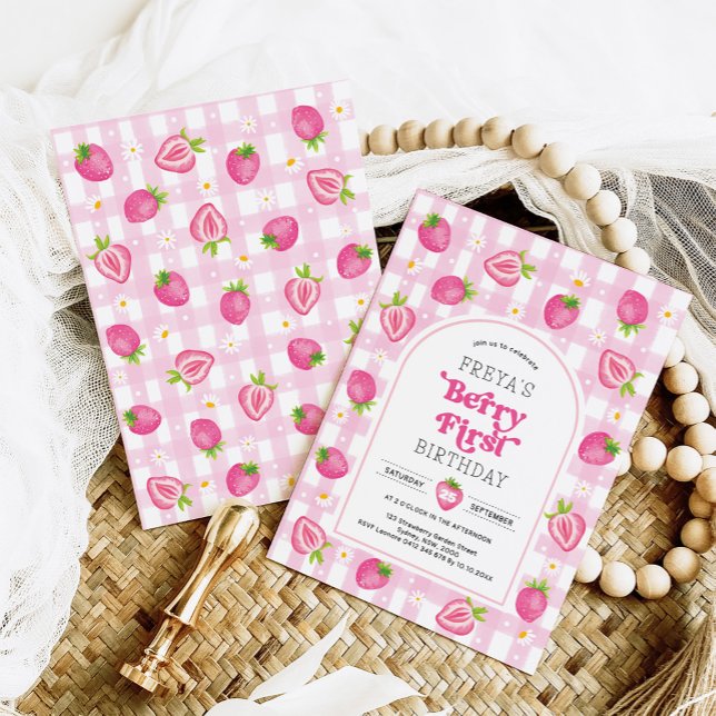 Invitation Berry fraise rose Premier anniversaire fille (Créateur téléchargé)