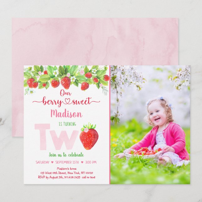 Invitation Berry fraise Sweet Floral Deuxième anniversaire (Devant / Derrière)