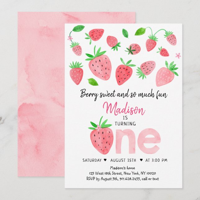 Invitation Berry fraise Sweet Premier anniversaire (Devant / Derrière)