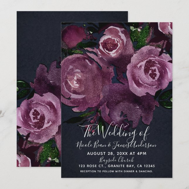 Invitation Berry Fuchsia Roses Dark Floral Glam Mariage (Devant / Derrière)