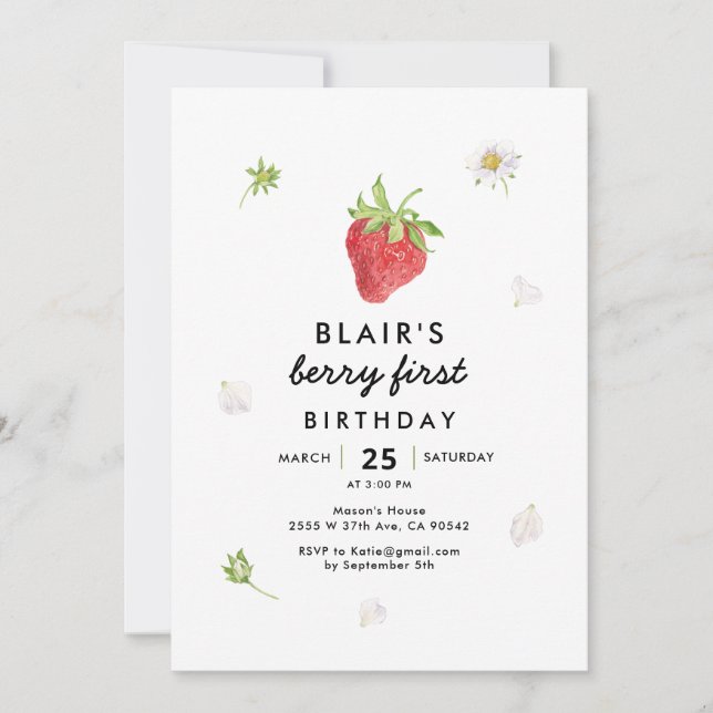Invitation Berry moderne Premier Anniversaire Thème fraise (Devant)