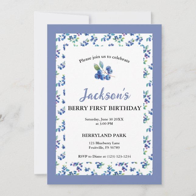Invitation Berry Premier anniversaire Aquarelle Bleu Invitati (Devant)