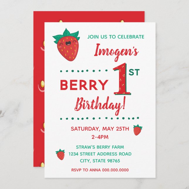 Invitation Berry Premier anniversaire fraise (Devant / Derrière)