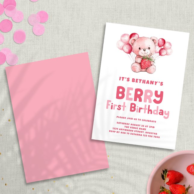Invitation Berry Premier anniversaire fraise 1er anniversaire (Front and back view)