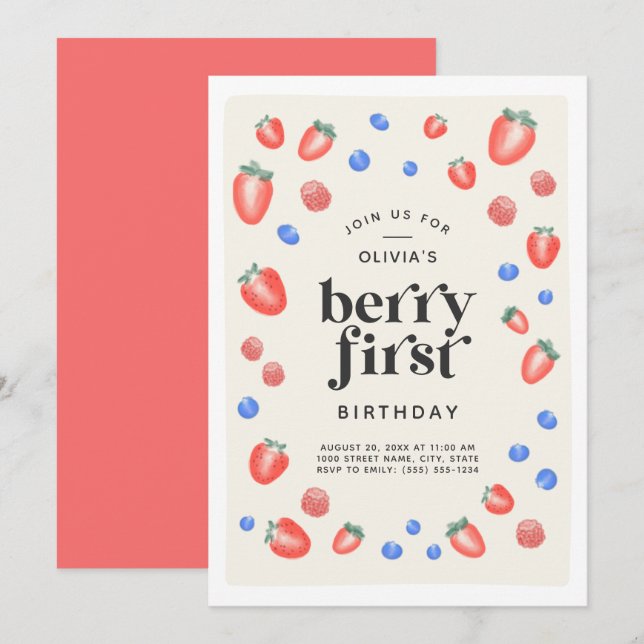 Invitation Berry Premier anniversaire fraise Anniversaire (Devant / Derrière)