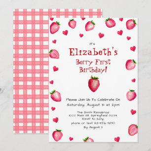 Invitation Berry premier anniversaire fraise été En vichy 1er