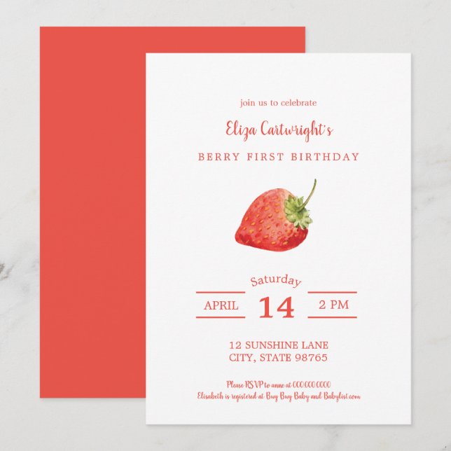 Invitation Berry Premier anniversaire Simple Strawberry Invit (Devant / Derrière)