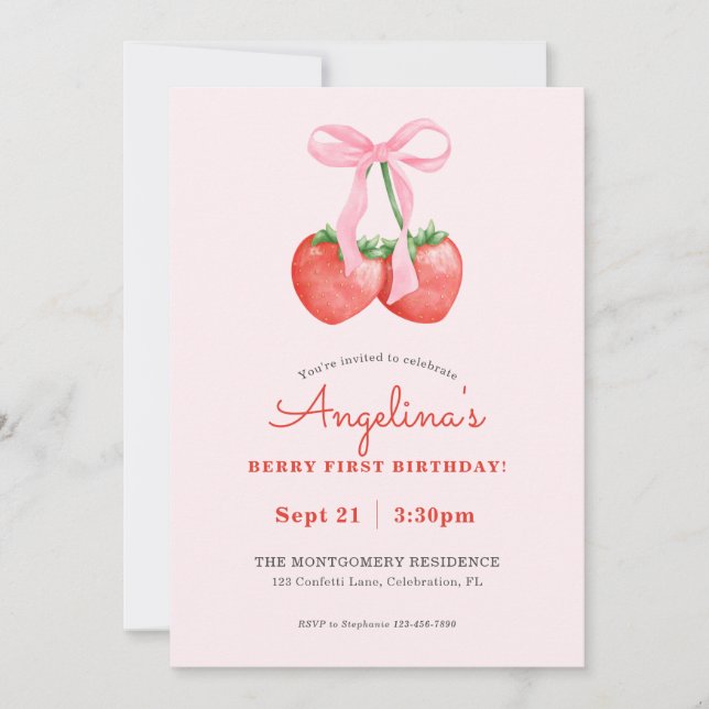 Invitation Berry Première aquarelle fraise 1er anniversaire (Devant)
