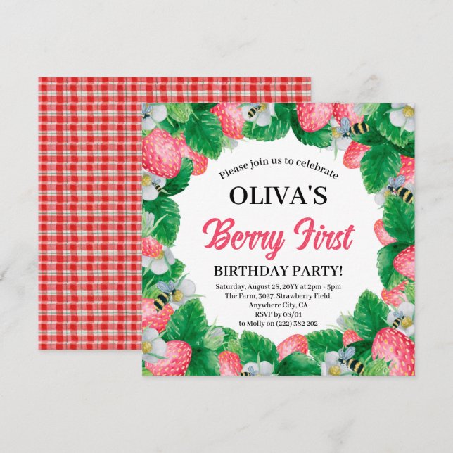 Invitation Berry Première aquarelle fraise 1er anniversaire e (Devant / Derrière)