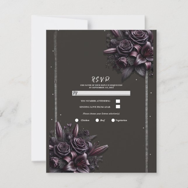 Invitation Berry Purple Black Lily Rose Floral Mariage RSVP (Devant)