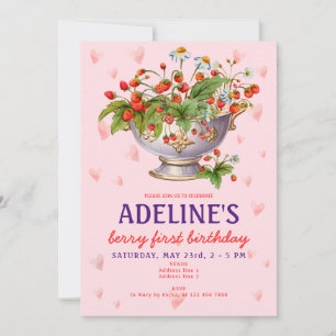 Invitation Berry rose Première Fille Fraise Fruite 1er Annive