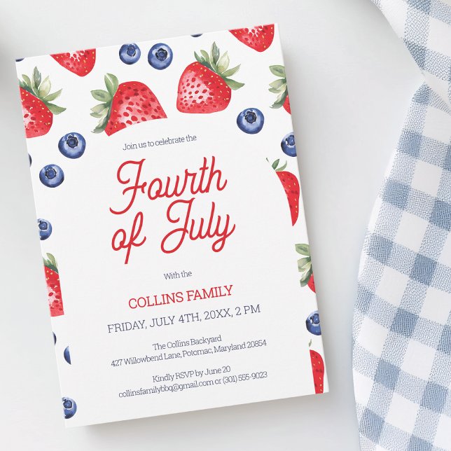 Invitation Berry rouge blanc et bleu 4 juillet fête d'été (Red White and Blue Berry 4th of July Summer Party Invitation)