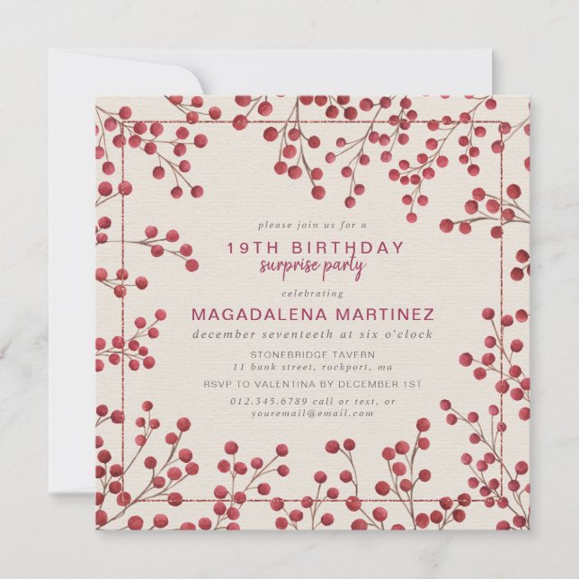 Invitation Berry Rouge Hiver 19E Anniversaire Surprise Party (Devant)