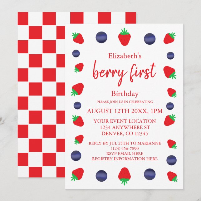 Invitation Berry Sweet 1er anniversaire (Devant / Derrière)