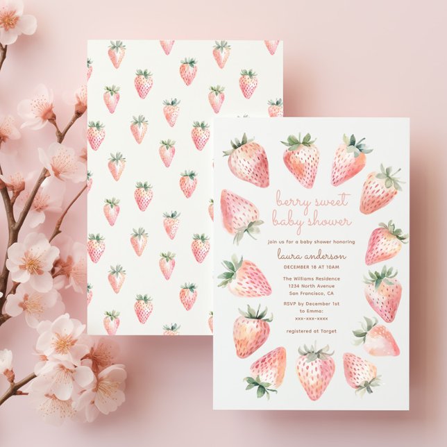 Invitation Berry Sweet Baby shower - Aquarelle Fraises (Berry sweet baby shower invitation front & back. Pink coquette watercolor strawberries, script font)