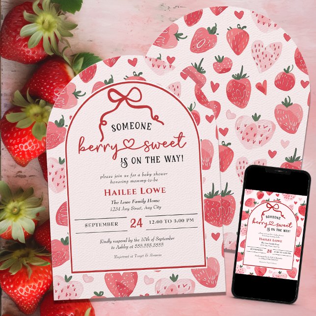 Invitation Berry Sweet Baby shower Coquette Pink Strawberry (Créateur téléchargé)